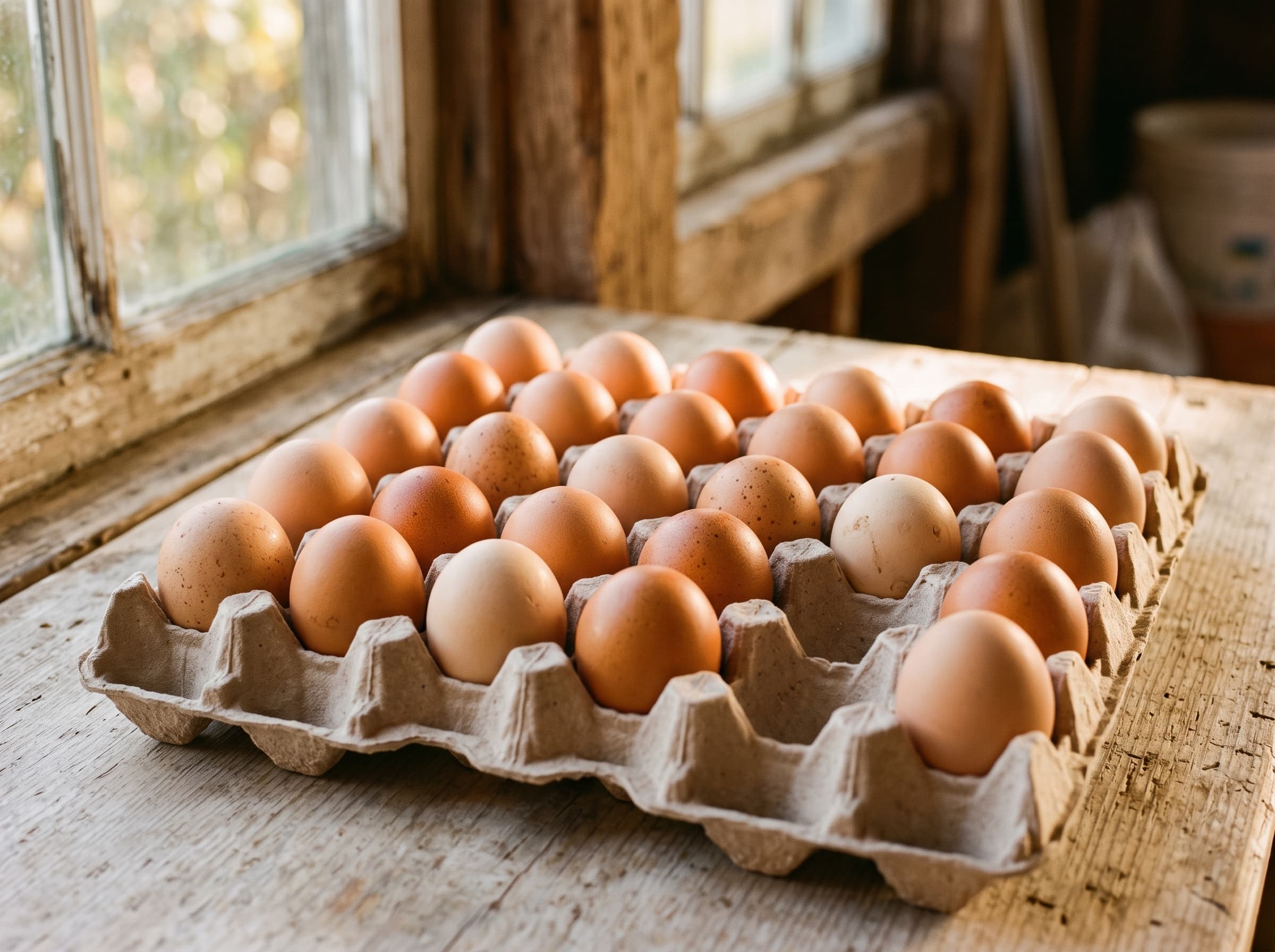 A paper tray of thirty brown eggs in warm morning light, one cell still empty